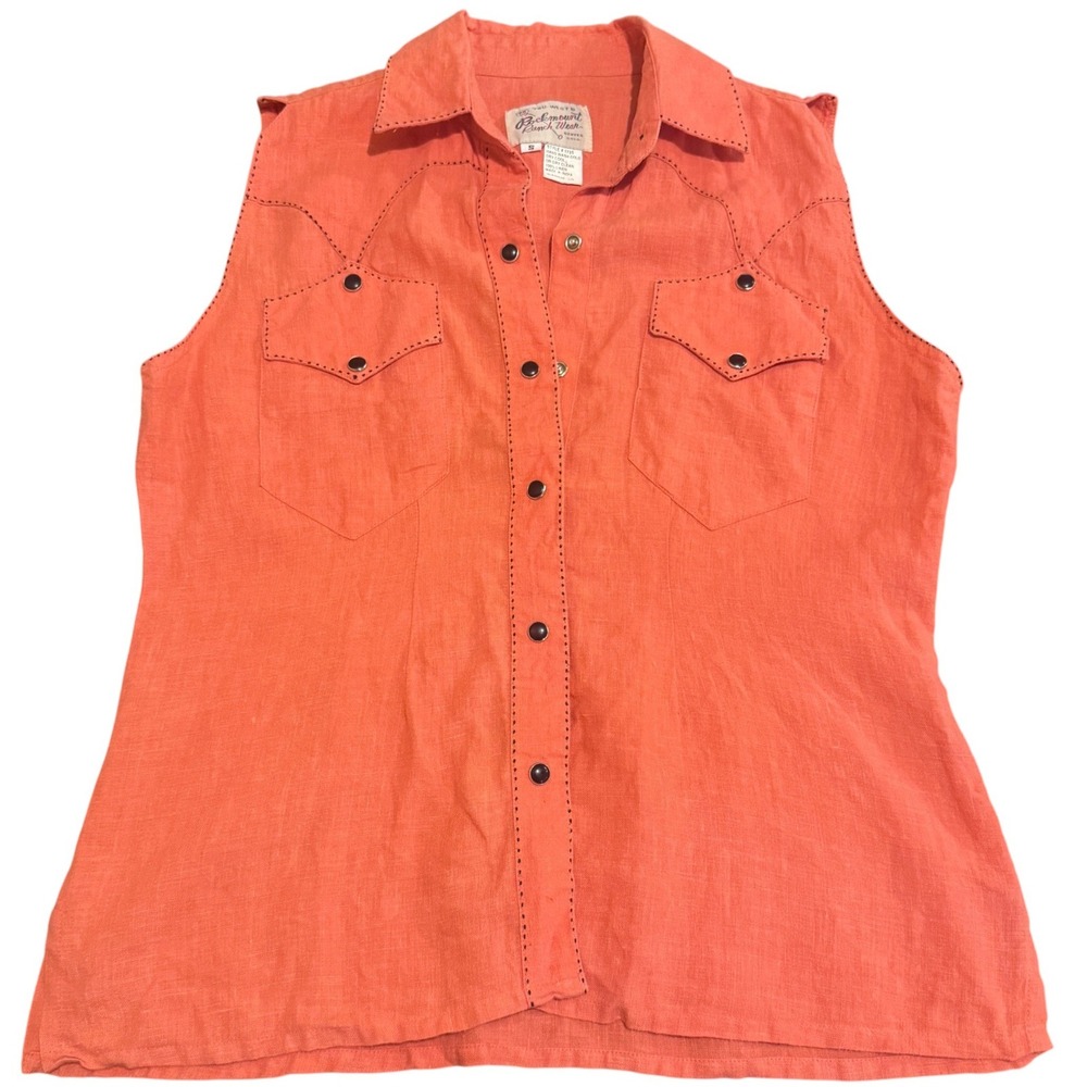 Rockmount Ranch Wear Womens Coral 100% Linen Sleeveless Western Snap Shirt S